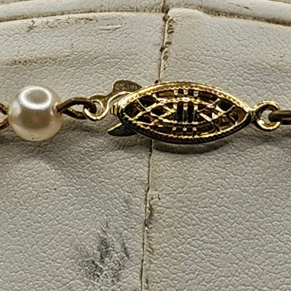 Vintage Pink Champagne Glass Pearl‎ Knotted Strand Necklace Gold Tone Filigree